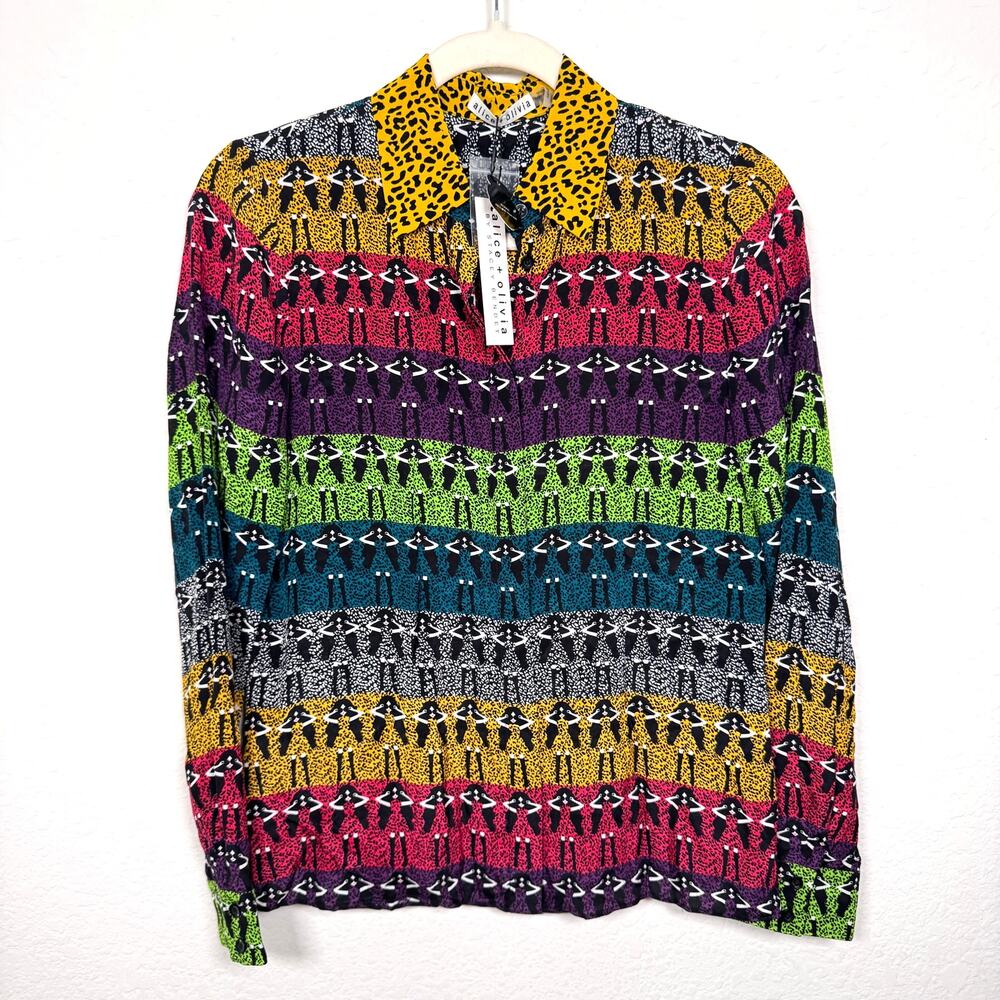 Alice + Olivia Stace Ombre Button Blouse Top Size XS 100% Silk Colorful Flowy